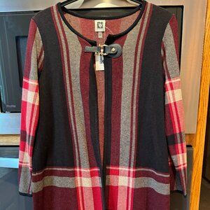 Anne Klein Plaid Sweater Coat Red Black & Grey L Fire Red Combo New with Tags